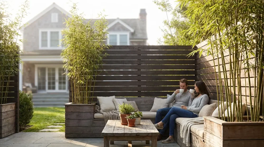 Privacy landscaping ideas showing a secluded patio screen in a multi family compound.