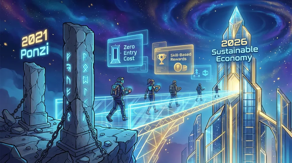 Comparison of 2021 Ponzi schemes versus 2026 sustainable play to earn ecosystem.