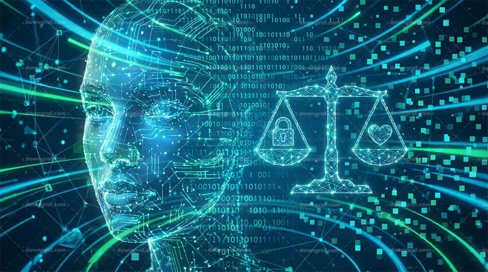 A digital image of a human face merging with code and pixels, featuring a balance scale.