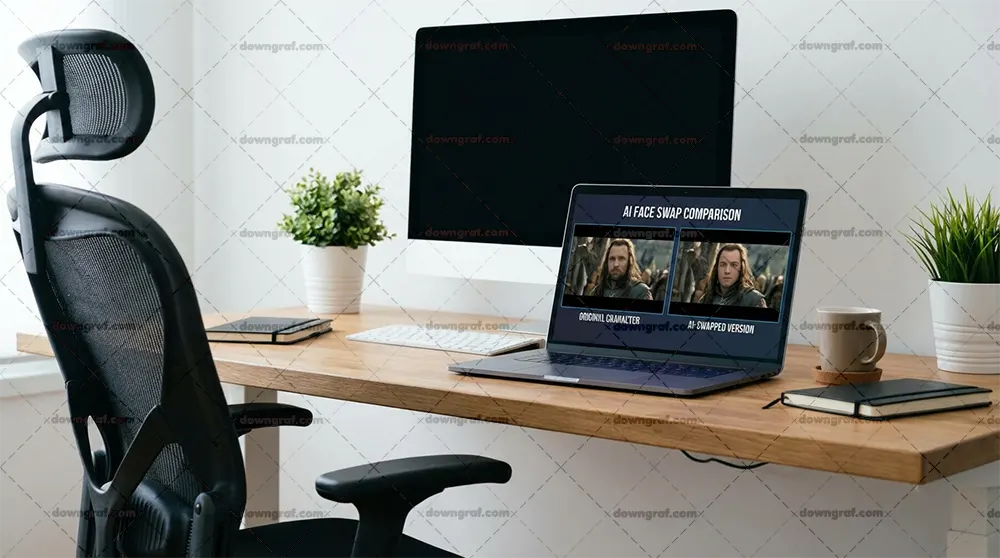 A laptop shows a comparison of an original movie character and an AI-swapped version.