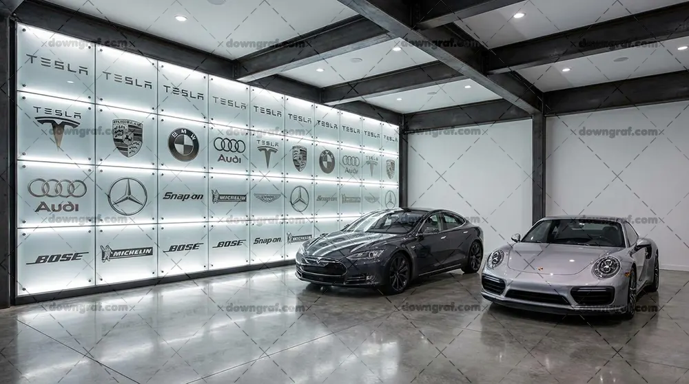 A modern garage featuring a logo wall of the brands mentioned.