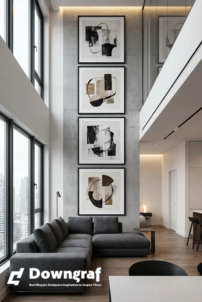 A modern living room showcases four stacked abstract prints.