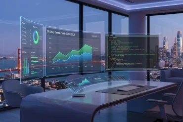 A sleek 3D illustration of a 2026 software engineer's workspace.
