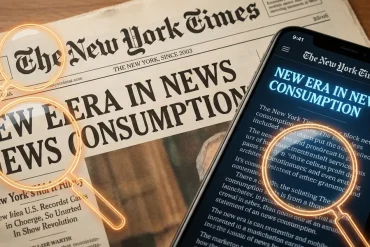 A visual comparison of New York Times typography on print newsprint and a digital mobile interface.