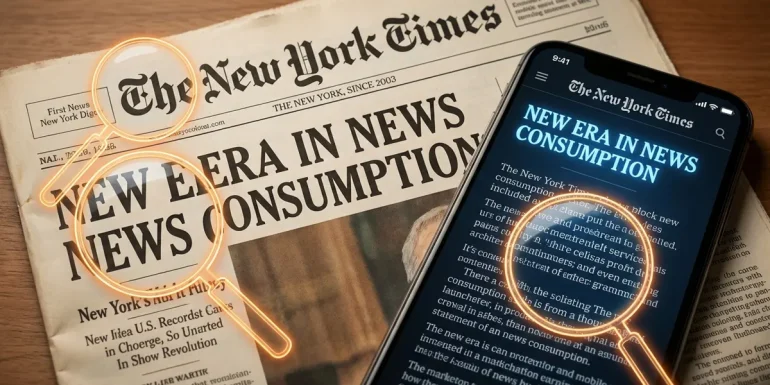 A visual comparison of New York Times typography on print newsprint and a digital mobile interface.