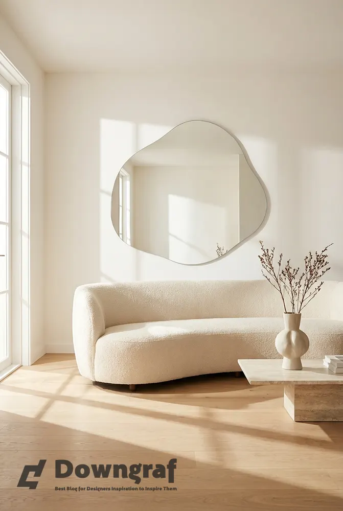 Airy minimalist living room with large frameless mirror.