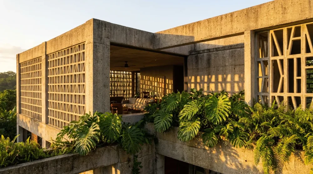 Tropical Brutalism architecture in Puerto Rico featuring concrete breeze blocks and lush plants.