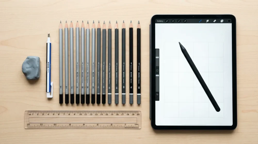 Art supplies including pencils and tablet for step by step instructions for optical illusion drawings.