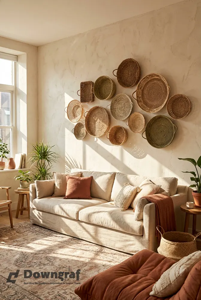 Boho-chic living room with hand-woven wall baskets.