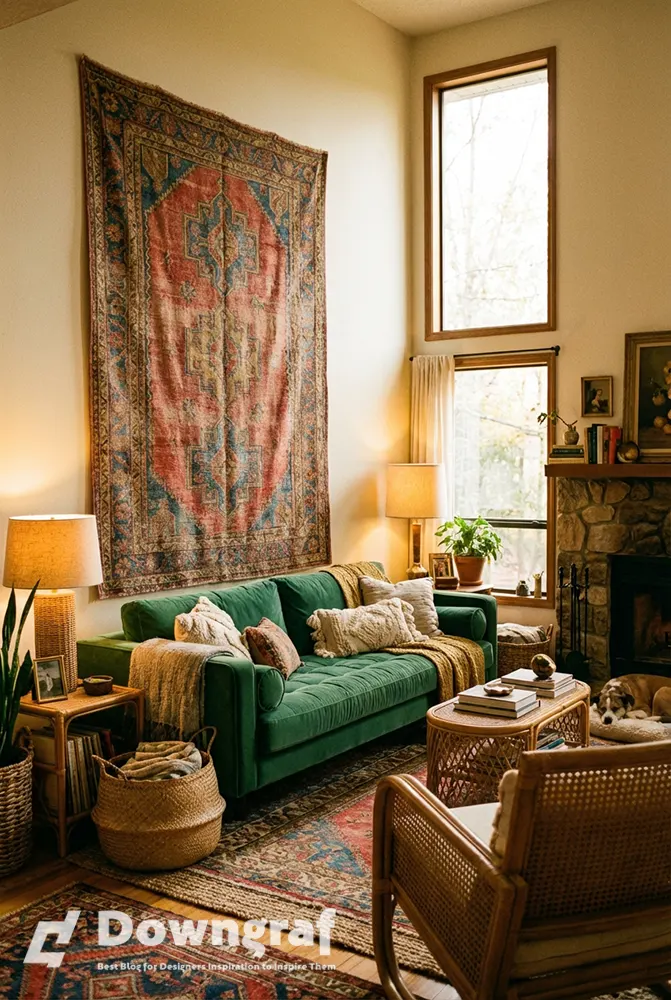 Boho-modern living room with cozy vintage Kilim tapestry.