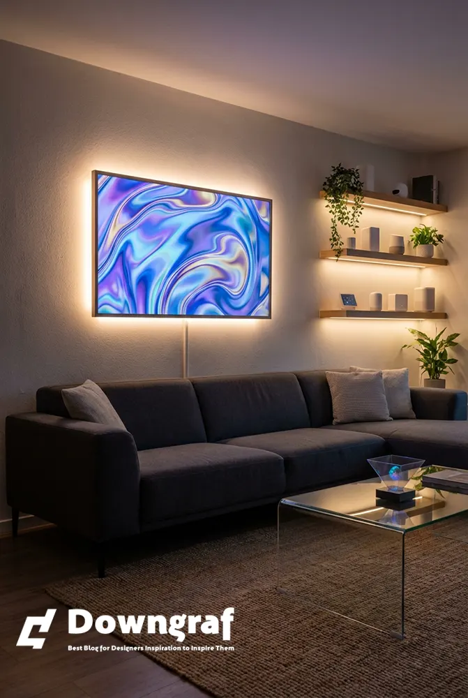 Chic living room with digital art and LED ambiance.