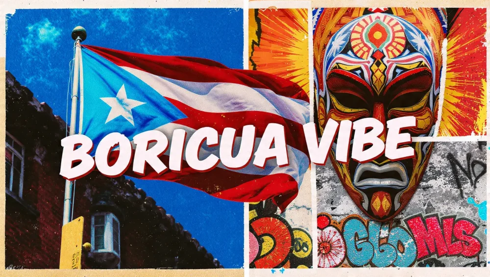 Collage of Puerto Rican cultural symbols including a flag, vejigante mask, and street art representing the Puerto Rico Aesthetic