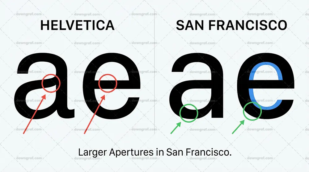 Comparison between Helvetica and Apple San Francisco font showing legibility improvements.