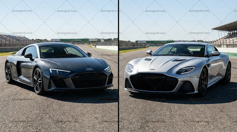 Comparison of a silver Audi R8 and a black Aston Martin DBS performance cars.