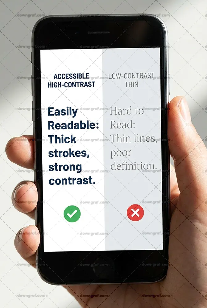 Comparison of accessible typography versus inaccessible thin fonts on a smartphone screen.