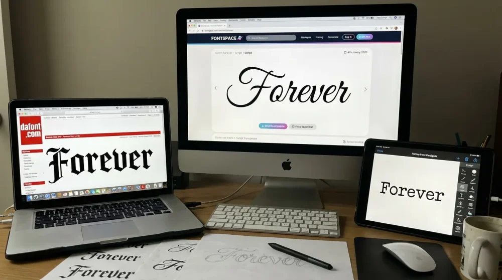 Comparison of interfaces for DaFont, FontSpace and Tattoo Font Designer app showing different tattoo font styles.