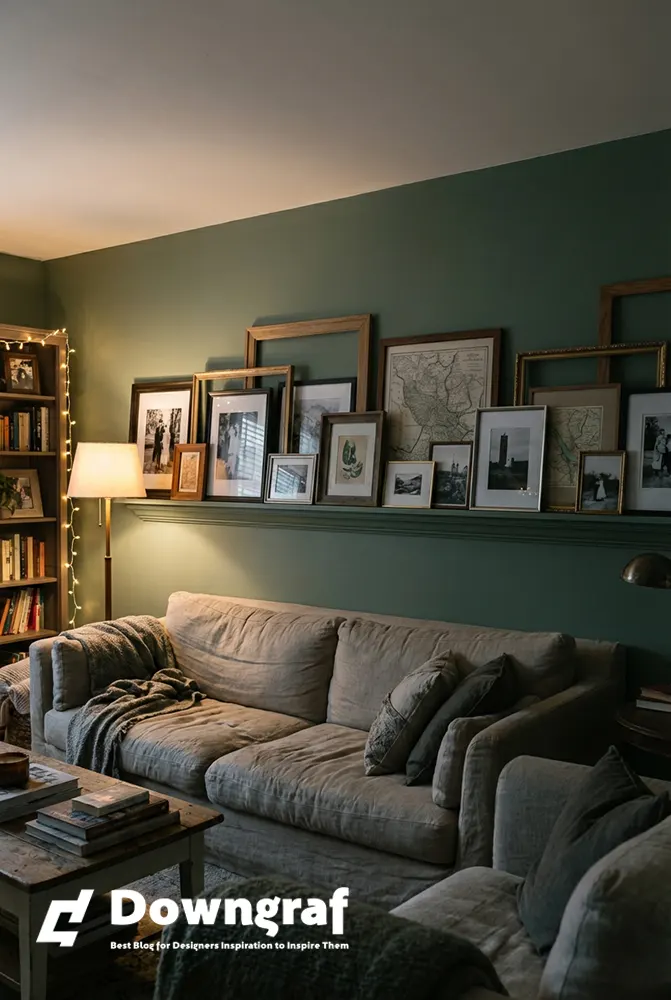 Cozy living room with a layered picture ledge.