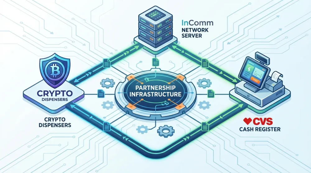 Diagram illustrating the partnership between Crypto Dispensers InComm and CVS Pharmacy for cash deposits