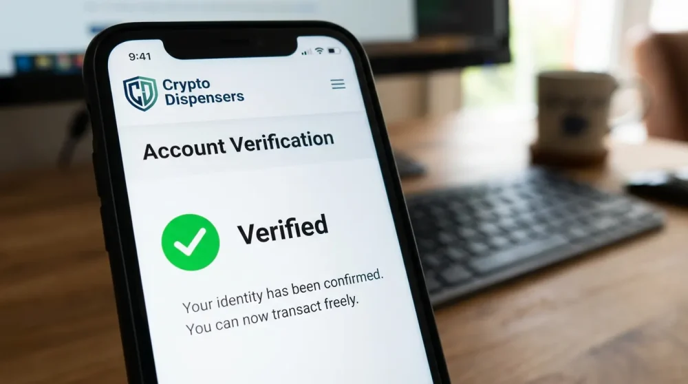 Crypto Dispensers app showing successful KYC verification for CDReload access