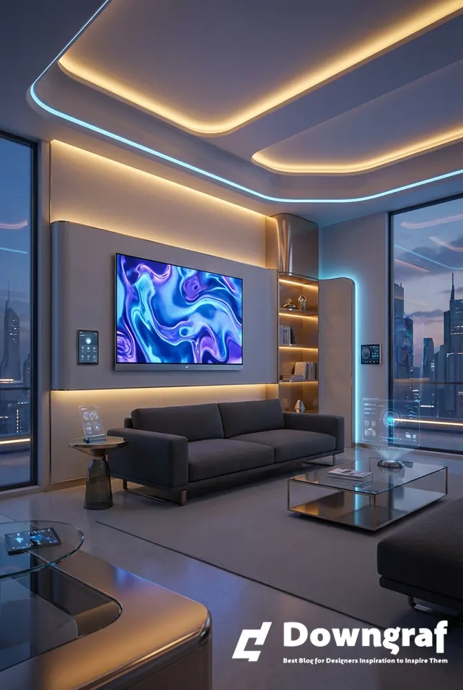 Digital art frame displaying abstract liquid art in a modern living room.