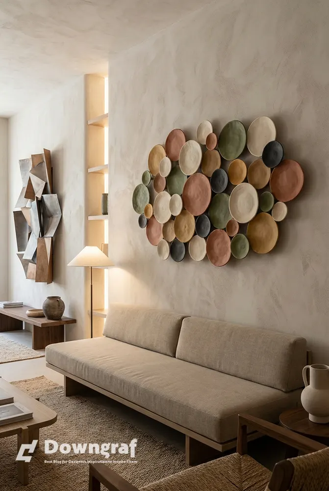 Earth-toned ceramic discs adorn a modern living room.