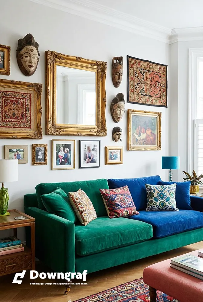 Eclectic mixed media gallery wall above a colorful sofa.