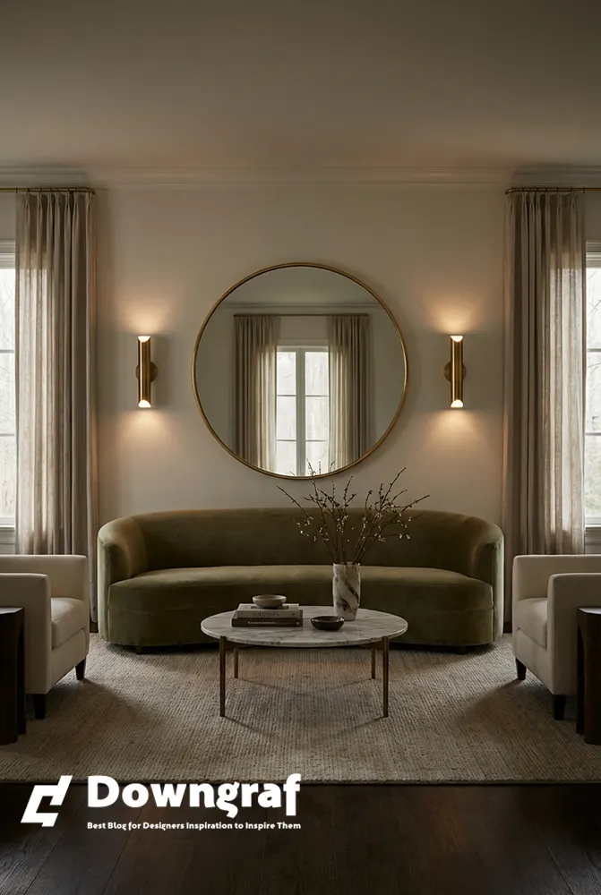 Elegant living room features a mirrored couch setup.