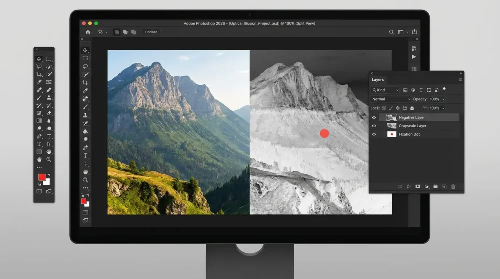 Photoshop tutorial screenshot showing how to create a negative afterimage layer and fixation dot.