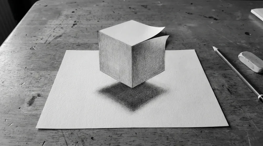 Floating cube drawing with detached shadow.