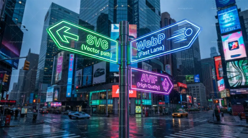Futuristic sign directing traffic to SVG, WebP, AVIF.