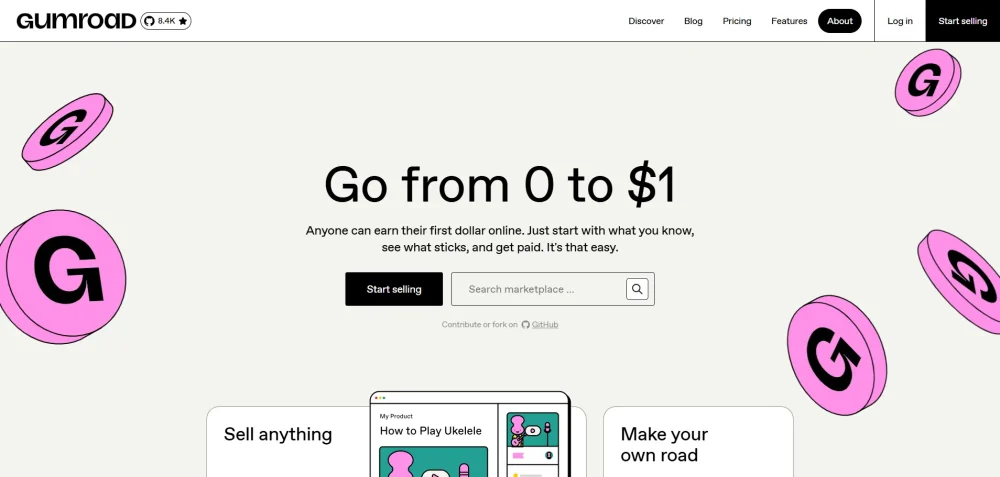 Gumroad website design example.