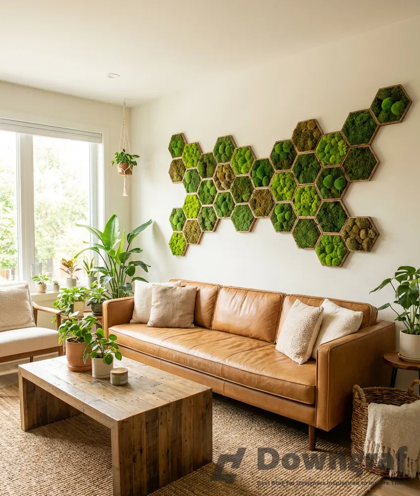 Hexagonal moss tiles artfully adorn a leather sofa.