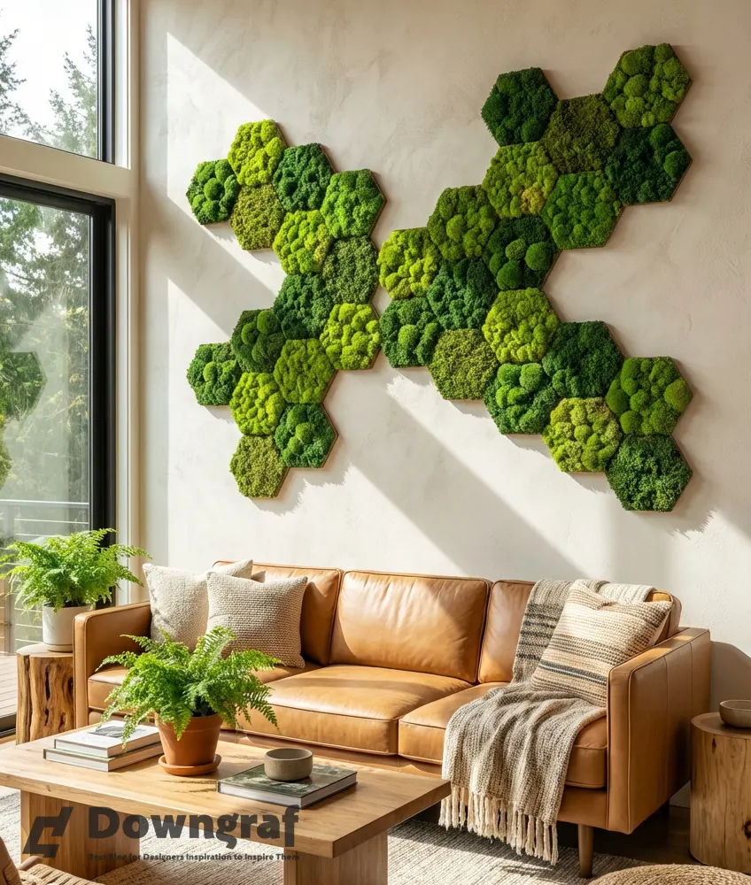 Hexagonal moss tiles enhance modern living room decor.