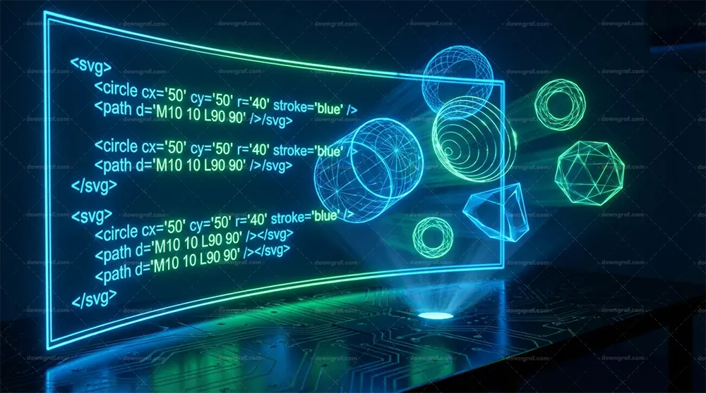 Holographic code editor converts SVG XML to 3D shapes.