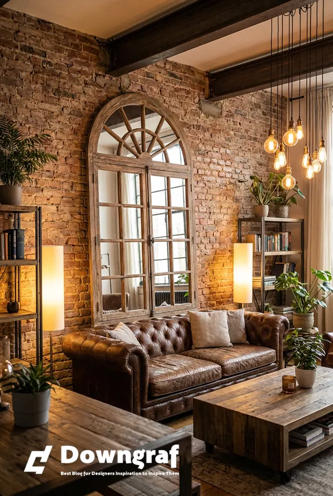 Industrial chic living room with rich warm lighting.