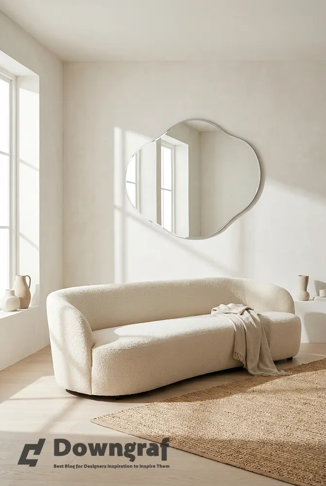 Large organic puddle-shaped mirror above a cream curved sofa.