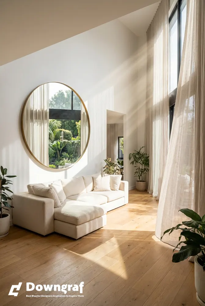 Large round mirror above sofa reflecting natural light to expand the room.