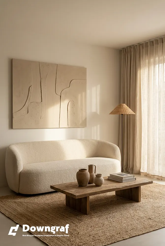 Living room with textured plaster and oversized beige canvas art.