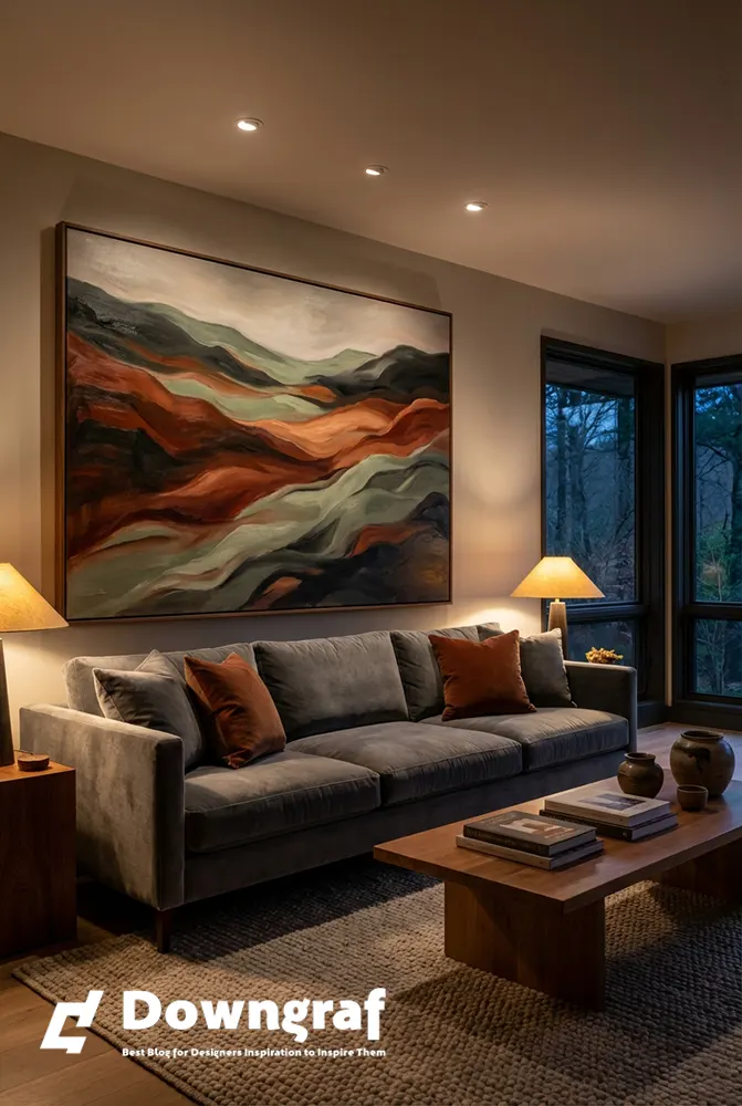 Luxurious living room with dramatic abstract landscape art.