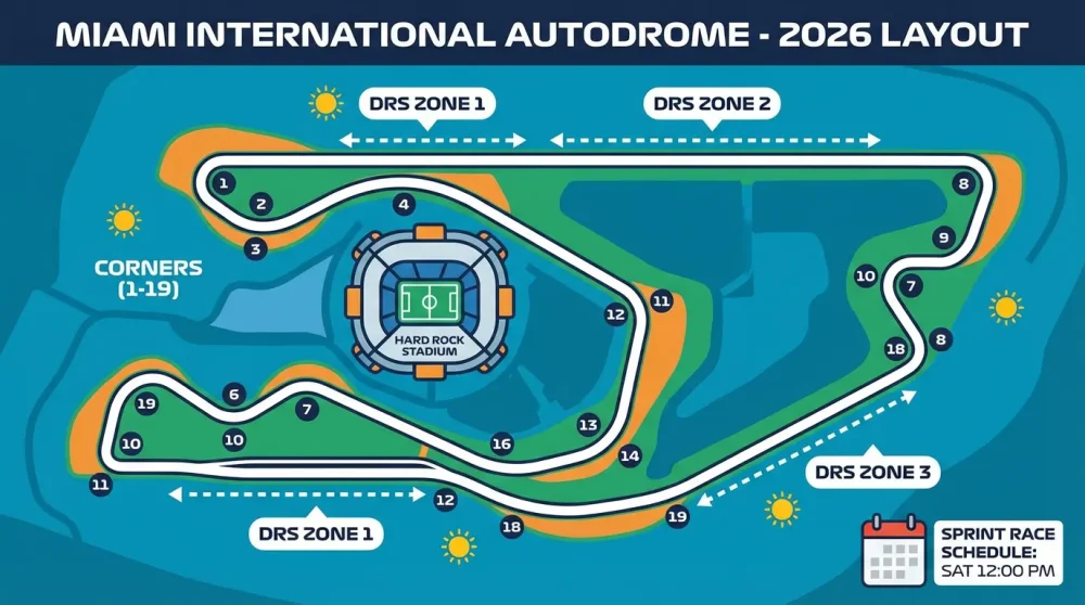 Miami International Autodrome 2026 track map showing DRS zones and corners.