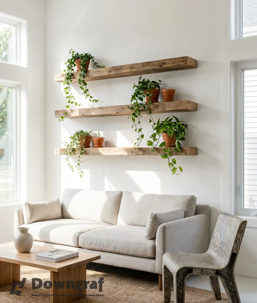 Minimalist living room with airy design and greenery.