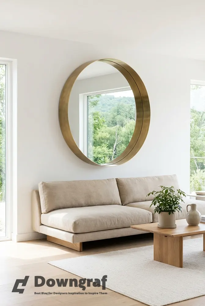 Minimalist living room with oversized brass mirror reflecting nature.