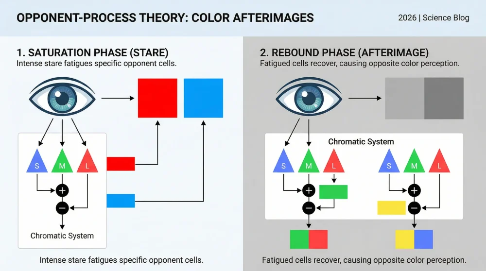 Diagram explaining the Opponent Process Theory and retinal fatigue in relation to optical illusions.