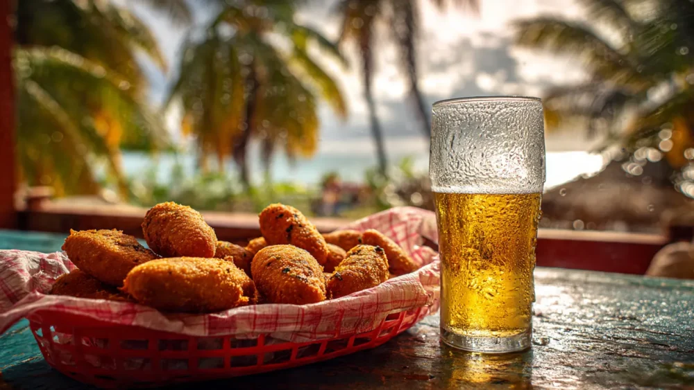 Puerto Rican food aesthetic: Chinchorreo fried food and beer by the beach.