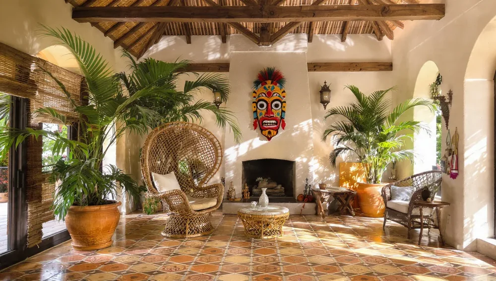 Puerto Rican interior design featuring losa criolla tiles and vejigante masks.