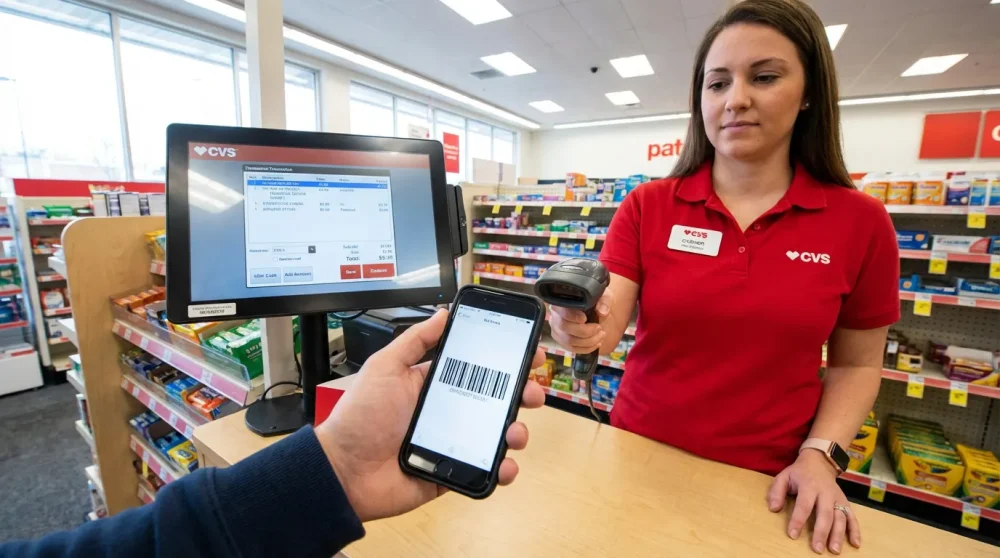 Scanning the CDReload barcode at a CVS Pharmacy register for cash deposit