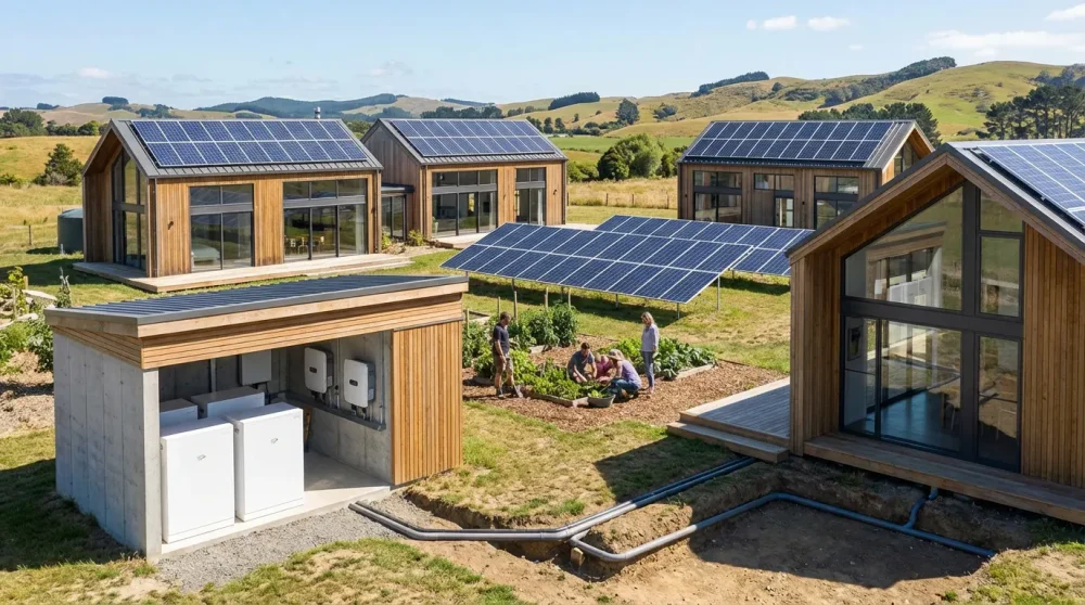 Shared solar microgrid system setup for a modern family compound.