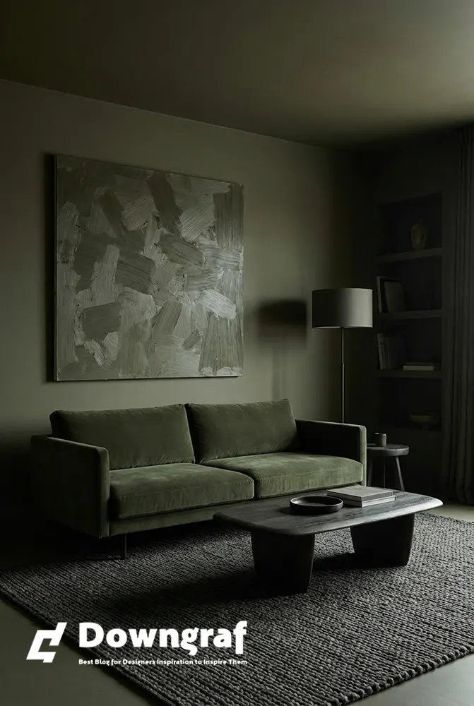 Sophisticated monochromatic living room with bold art piece.