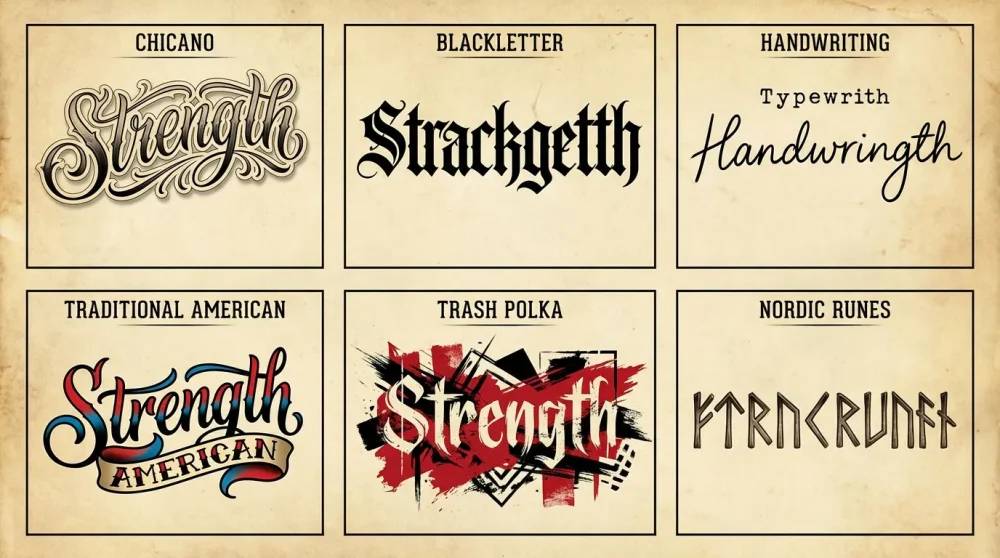 Chart of popular tattoo font styles including Chicano, Blackletter, and Typewriter fonts for tattoo design inspiration.