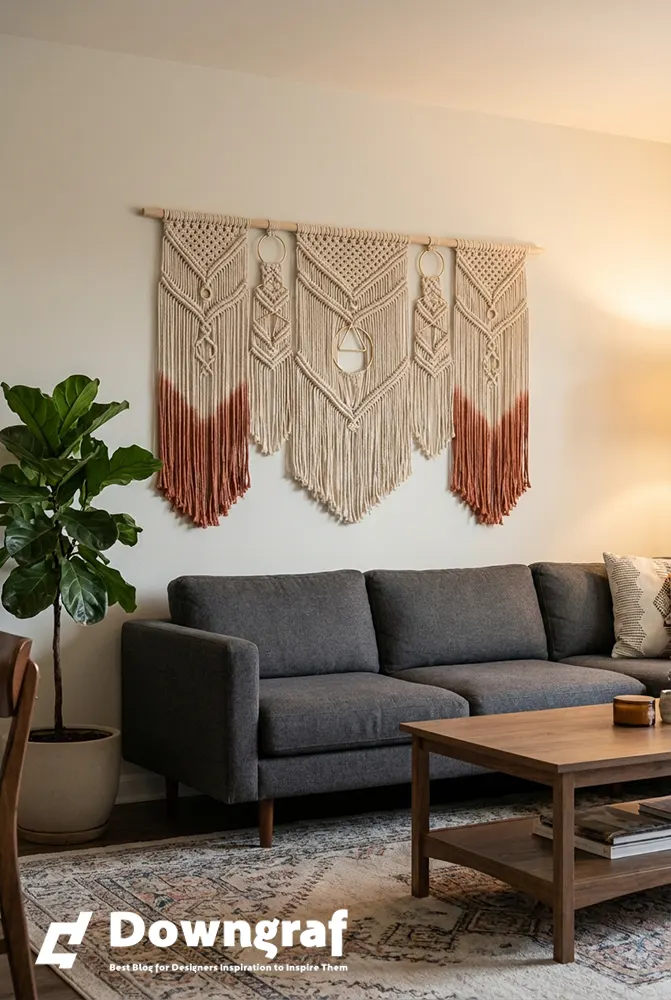 Stylish macrame wall hanging above grey sofa.